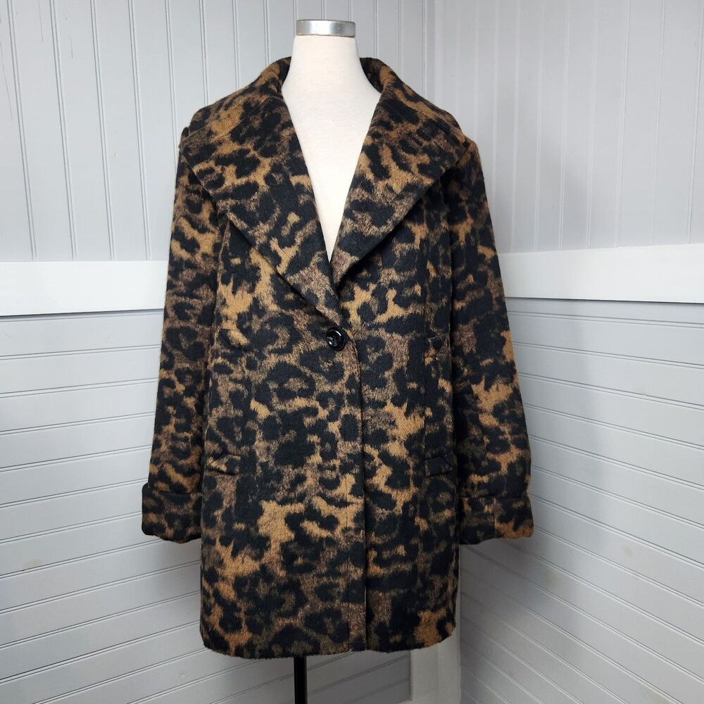 Kensie Leopard Print Wool Blend Pea Coat Womens M Welt Pockets Back Belt Chic